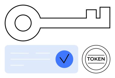 Büyük anahtar, mavi işaretli belge ve TOKEN etiketli dairesel marka. Siber güvenlik, kimlik doğrulama, erişim kontrolü, şifreleme, kimlik doğrulama, çevrimiçi güvenlik ve engelleme zinciri için ideal