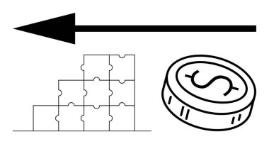 Solu işaret eden büyük bir ok, bulmaca parçaları ve para yığını. İş stratejisi, finansal planlama, ekonomik büyüme, yatırım, takım çalışması, problem çözme için ideal. Satır metaforu