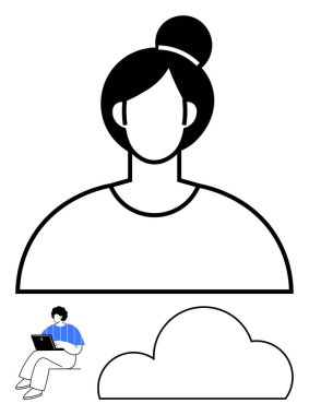 Bulut depolama simgesinin üstündeki kullanıcı profili avatarı ve uzaktan çalışmayı gösteren dizüstü bilgisayarda çalışan kişi. Profil resimleri, bulut depolama uygulamaları, uzaktan çalışma araçları, veri yönetimi, çevrimiçi için ideal