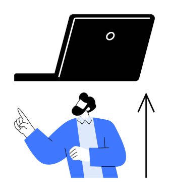 Mavi ceketli adam büyük bir dizüstü bilgisayarı ve siyah oku işaret ediyor. İş büyümesi için ideal, teknoloji sunumları, yenilik, kurumsal strateji, uzaktan çalışma, çevrimiçi öğrenme. Çizgi