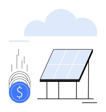 Güneş paneli, bir bulutun altında bozuk paralarla duruyor. Enerji tasarrufu, yenilenebilir enerji kullanımı, maliyet verimliliği, sürdürülebilir teknolojiler, çevre dostu yatırımlar, yeşil işletmeler için ideal