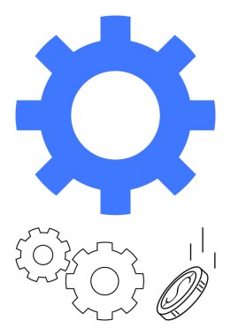 Büyük mavi dişli, iki küçük siyah dişli ve bir de düşen bozuk paralı. Endüstri, mühendislik, mekanik, finans, takım çalışması, yenilik ve teknoloji temaları için idealdir. Satır metaforu