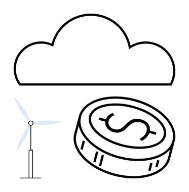 Rüzgar türbininin üstünde bulut ve dolar işaretli para. Teknoloji, finans, sürdürülebilirlik, çevresel etki, yatırım, dijital dönüşüm, yenilenebilir kaynaklar için idealdir. Satır metaforu