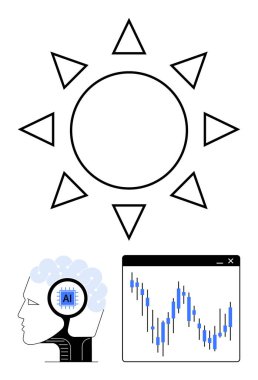 Yapay zeka elementlerini ve borsa verilerini içeren bir bar tablosunu içeren güneş ışığı etkisi altında. Teknoloji, yapay zeka, yenilik, finans, yatırım, veri analizi ve gelecek için ideal