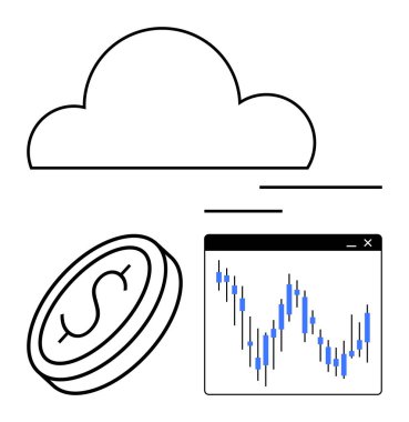 Bulut sembolü, dolar işareti olan bozuk para ve finansal verileri temsil eden mavi şamdanlı borsa grafiği. Finans, yatırım, borsa analizi, bulut hesaplama, veri depolama için ideal