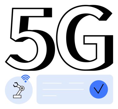 Büyük 5G metin, kablosuz sinyal ikonlu robotik kol, belgede mavi kontrol işareti. Telekomünikasyon, otomasyon, IOT, ağ hızı, bağlantı, dijital dönüşüm teknolojisi yeniliği için ideal