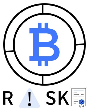 Dairesel grafik içinde blok zinciri Bitcoin sembolü, ünlem işareti, sertifika kağıdı ve uyarı işaretleriyle vurgulanan risk. Mali risk yönetimi ve kripto para birimi farkındalığı için ideal