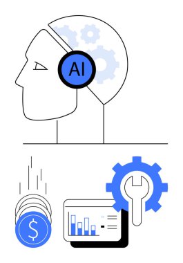 İnsan profili, yapay zeka dişlileri, bozuk paralar, anahtar iç dişli, ve tablet üzerinde analiz. Yapay zeka, iş, teknoloji, yenilik otomasyon verimliliği için idealdir. Satır metaforu