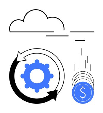 Dönen oklar ve bulut altındaki bozuk paralar içinde vites. Finans, teknoloji, yenilik, yatırım, dijital ödeme, bulut hizmetleri, iş geliştirme için ideal. Satır metaforu