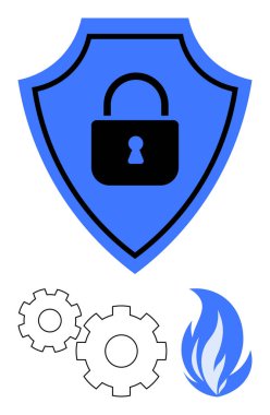 Ortasında siyah kilit simgesi olan mavi kalkan aşağıda iki beyaz dişli ve sağında mavi alev sembolü var. Siber güvenlik, koruma, güvenlik, mekanik endüstriler, teknoloji, yangın güvenliği için ideal