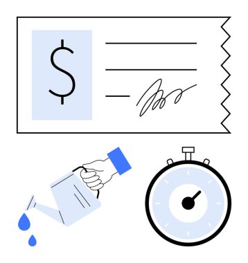 Dolar işareti ile kontrol et. Bireysel sıvı dökümü, elle saat. Mali yönetim, bütçe, yatırım stratejileri, zaman yönetimi, tasarruf büyümesi, mali planlama için ideal