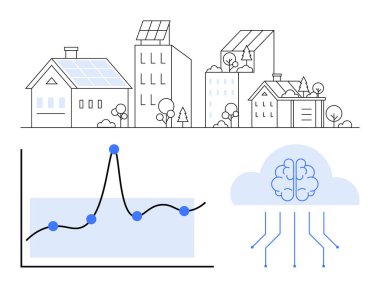 Güneş panelleri olan binalar, beyin devresi olan yapay zeka bulutu grafiği çiziyor. Teknoloji, sürdürülebilirlik, kentsel planlama, yenilenebilir enerji, veri analizi, yenilik, akıllı şehirler için idealdir. Satır metaforu