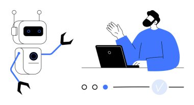 Dizüstü bilgisayar üzerinde çalışırken yapay zeka robotuna insan dalgaları. Etkileşim, insan-makine işbirliğini vurguluyor. Teknolojik yenilik için ideal, yapay zeka, uzaktan çalışma, dijital iletişim, otomasyon, gelecek kavramları