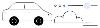 Simple car silhouette with speed lines and a checkmark above circles indicating status. Ideal for transportation, speed, approval, mobility, delivery, logistics, and automotive themes. Line metaphor clipart