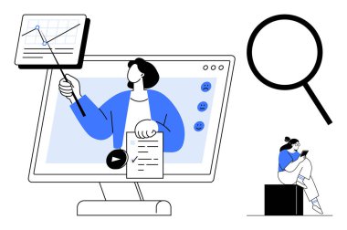 Bilgisayar ekranında veri analizi sunan eğitmen detayı vurgulayan bir büyüteç ve telefonunu kontrol eden bir kişi. Eğitim, eğitim, analitik, iletişim için ideal