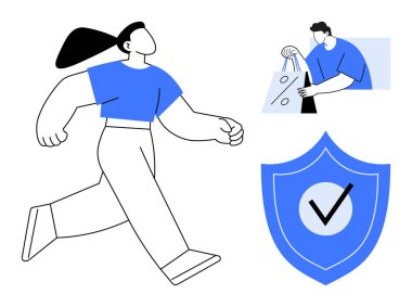 Koşan bir kadın, alışveriş torbası tutan biri ve işaretli mavi bir kalkan. Fitness, alışveriş güvenliği, güvenlik, sağlık, yaşam tarzı güvenilirliği için ideal. Satır metaforu
