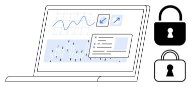 Çizelgeler ve büyüme göstergeleriyle veri görselleştirmelerini gösteren dizüstü bilgisayar ekranı. İki asma kilit güvenliği simgeler. Veri analizi, siber güvenlik, iş zekası, teknoloji ve bilişim için ideal