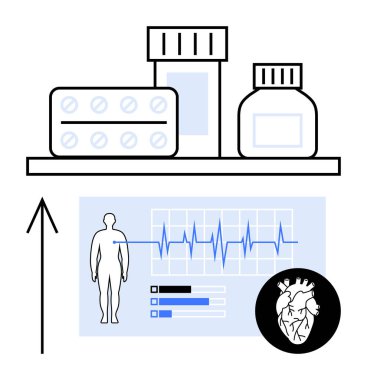 İlaç şişeleri, hap dolu su toplayıcı, sağlık istatistikleri, elektrokardiyogram grafiği ve kardiyo ikonu olan insan figürü. Sağlık hizmetleri, tıp eğitimi, ilaç bilgileri, hasta bakımı için ideal