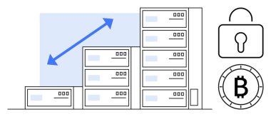 Veri sunucuları büyüyen okla birlikte yükselen bir sırayla dizildi. Bitcoin ve kilit güvenlik sembolleri güvenli veri depolama ve kripto para yönetimi gösteriyor. Teknoloji, finans, güvenlik, veri için ideal