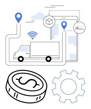 Teslimat kamyonu GPS pimleri, kablosuz sinyal, akıllı telefon, bozuk para ve teçhizatla önceden belirlenmiş bir rotada ilerliyor. Lojistik, tedarik zinciri, GPS navigasyon, ulaştırma hizmetleri finansmanı için ideal