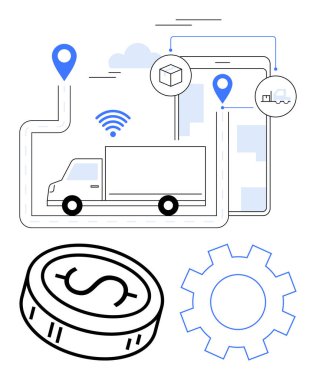 Delivery truck moving on a predefined route with GPS pins, wireless signal, smartphone, coin, and gear. Ideal for logistics, supply chain, GPS navigation, delivery services transportation financial clipart