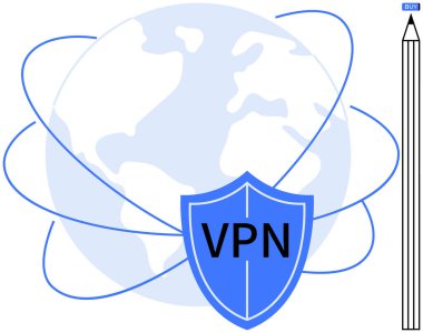 Dünya 'nın önündeki VPN kalkanı birbirine bağlı çizgiler, yanında güvenlik ve bilgiyi temsil eden kalem. İnternet gizliliği için ideal, küresel güvenlik, çevrimiçi koruma, güvenli tarama, siber güvenlik