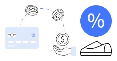 Eline para düşmesi ile bağlantılı kredi kartı, yüzdelik sembolü ve kart okuyucu. Finans, işlemler, ödemeler, dijital bankacılık, e-ticaret, yatırım ve ticaret için ideal. Çizgi