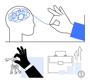 Çözülen beyin, problem çözme ve berraklığı gösteriyor. Erişimi sembolize eden el ele tutuşmalar, büyüme ve başarıyı simgeleyen dosya çantaları. Zihinsel berraklık ve liderlik için ideal.
