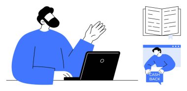 Bilgisayardaki kişi elini kaldırıyor, online danışmayı temsil ediyor. Açık kitap öğrenmeyi sembolize eder, nakit para grafiği ise finansal faydaları. Finansal hizmetler için ideal, çevrimiçi eğitim, dijital
