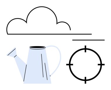 Bulut, sulama kutusu ve hedef sembol minimalist tasarım ile sıralanmış. Bahçe işleri, hedef belirleme, odaklanma, büyüme stratejileri, planlama teknikleri, proje yönetimi ve yaratıcı süreçler için ideal