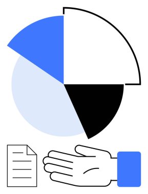 Mavi, siyah, beyaz, açık mavi, kağıt dokümanlı, dört renkli segmentli pasta grafiği. Veri sunumu için ideal, istatistik iş analizi işbirliği ekip çalışması kaynak sunar. Çizgi