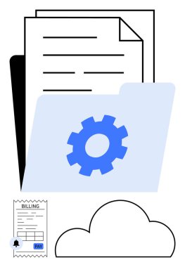 Folder with a gear icon beside documents, a billing receipt, and a cloud. Ideal for office organization, storage solutions, digital transformation, business management, accounting, invoicing and IT clipart