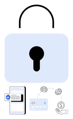 Güvenliği temsil eden büyük bir asma kilit kimlik tespiti için cep telefonu, kredi kartı ve el yapımı bozuk paralar. Siber güvenlik, çevrimiçi ödemeler, kişisel finans, bankacılık, e-ticaret için ideal