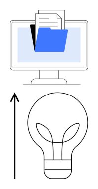 Belgeli ve mavi klasörlü monitör, yukarı doğru oklu siyah ışık ampulü. Teknoloji, yaratıcılık, yenilik, organizasyon, dijital depolama, verimlilik, veri yönetimi için ideal. Çizgi