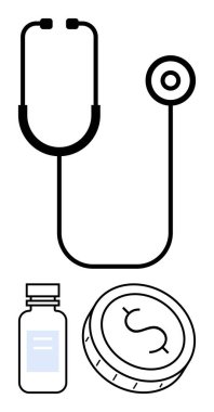 Stetoskop, ilaç şişesi, dolar işareti olan bozuk para. Sağlık, sağlık giderleri, finansal planlama, sigorta, ilaç endüstrisi refah ekonomi politikaları için idealdir. Satır metaforu