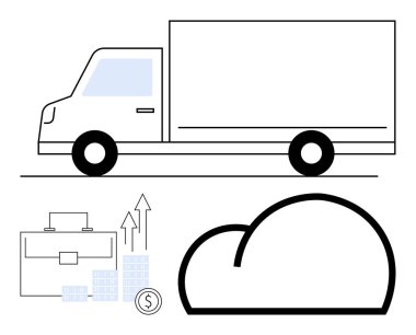 Bulut sembolünün yanında teslimat kamyonu, oklarla dolu evrak çantası, bozuk para yığınları, yükselen grafikler. Lojistik, bulut hesaplama, iş büyümesi, veri entegrasyonu, ulaşım finansmanı için ideal