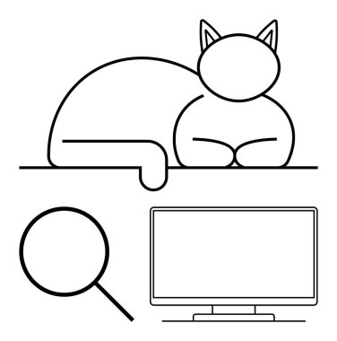 Cat resting, large magnifying glass, computer monitor below in minimalist black line art. Ideal for technology, relaxation, search, internet, workplace digital art metaphor for curiosity. Line clipart