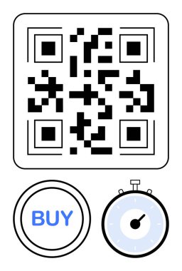 Sol kronometrenin sağ üst mavi BUY düğmesindeki QR kodu. E-ticaret için ideal, çevrimiçi ödemeler, dijital alışveriş, zaman izleme, verimlilik, teknoloji entegrasyonu, kullanıcı kolaylığı. Çizgi