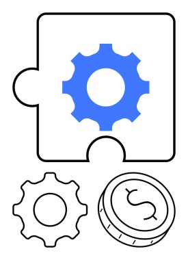 Mavi dişli, siyah dişli ve dolar bozukluklu bulmaca parçası. İş stratejisi, mali planlama, takım çalışması, sorun çözme, süreç optimizasyonu, ekonomik analiz projesi için ideal