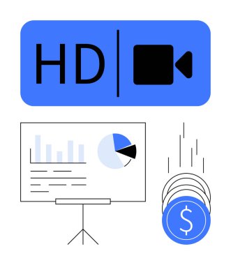 Video kamera simgesinin yanında HD video sembolü, bar ve pasta grafikleriyle sunum tahtası, bozuk paralar düşüyor. Ticari büyüme, finans, pazarlama, sunumlar, analitik ve multimedya yatırımları için ideal