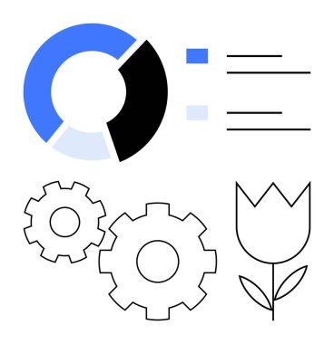 Mavi ve siyah segmentli pasta grafiği, iki vites ve bir çizgi-sanat çiçeği. İş sunumları, veri analizleri, mekanikler, büyüme, takım çalışması verimliliği ve yenilik için ideal. Satır metaforu