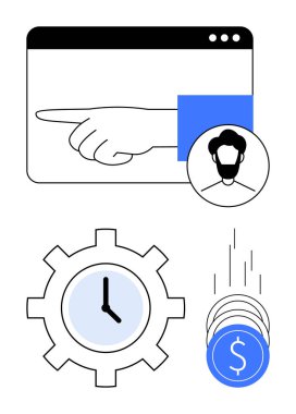 Bilgisayar ekranını işaret eden, kullanıcı profili simgesi, saat dişlisi ve düşen paralar. Zaman yönetimi, kullanıcı deneyimi, üretkenlik, otomasyon, iş verimliliği finansal planlama için ideal