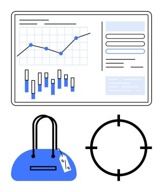 Veri tablosundaki grafikler ve çizelgeler üzerinde fiyat etiketi olan mavi bir çanta ve hedef. Veri sunumu, iş analizleri, moda satışları, perakende pazarlama, hedefleme ve finansman için ideal
