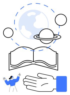 Üzerinde gezegenler ve küre olan genişletilmiş ellerin yanında açık bir kitap. Küçük bir insan sola doğru hareket ediyor. Eğitim, bilgi, öğrenme, evren, keşif ve öğretim desteği için idealdir. Satır metaforu