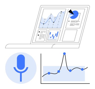 Veri tablolarına sahip dizüstü bilgisayar mikrofon simgesi ve grafikleri teknolojiyi, analitiği, iletişimi, yeniliği, bütünleşmeyi, verimliliği ve ilerlemeyi ön plana çıkarıyor. Teknolojik görseller ve veri içgörüleri için ideal. Çizgi