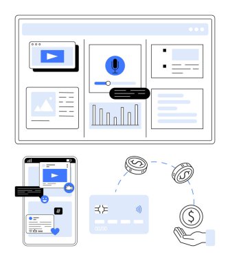 Medya oynatıcı, mikrofon, analitik, yorumlar ve ağ elemanlarıyla çevrimiçi kontrol paneli. Sosyal medya etkileşimli mobil ekran. Kredi kartı, para sikkeleri ve ödeme teslim işlemleri. İdeal