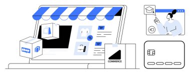 Depo önü güneşlikli dizüstü bilgisayar, alışveriş paketleri ve e-ticaret simgeleri. Sohbet penceresi ve kredi kartındaki müşteri destek ajanı. Çevrimiçi alışveriş, e-ticaret platformları, müşteri hizmetleri için ideal