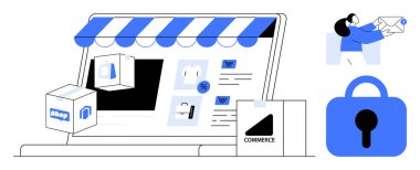 Çevrimiçi güvenliği sembolize etmek için paketlerin, alışverişçilerin ve kilit simgelerinin olduğu bir e-ticaret mağazası. E-ticaret, çevrimiçi alışveriş, siber güvenlik, dijital pazarlama ve küçük işletme temaları için ideal. Temiz