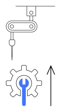 Robot kol, mavi bir ingiliz anahtarı ve yukarı doğru bir okla tam olarak bir çark ile hizalanır. Otomasyon, teknoloji, mühendislik, imalat, yenilik, ilerleme temaları için ideal