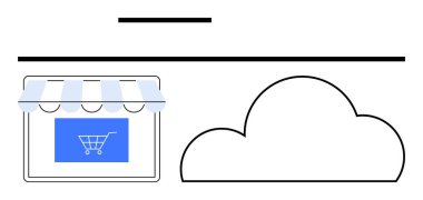 Vitrinde, bir bulut sembolünün yanındaki tentenin altında mavi bir alışveriş arabası ikonu var. E-ticaret, çevrimiçi alışveriş, bulut hesaplama, dijital pazarlama, İnternet hizmetleri, veri depolama, iş